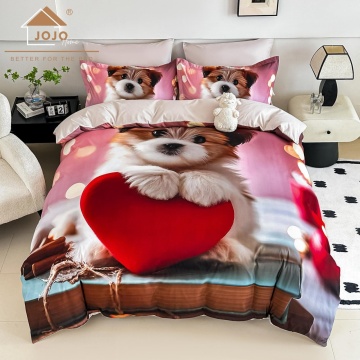 Lenjerie de pat finet 5D Roz cu Cățeluș și Inimă Roșie – 6 piese – Imprimeu Digital JOJO HOME