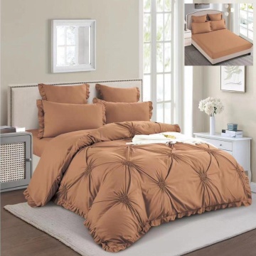 Lenjerie de pat uni cu elastic si broderie, tesatura tip finet, 6 piese, pat 2 persoane, maro, T1-01