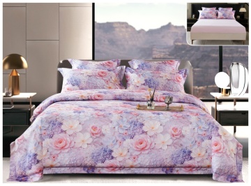 Lenjerie pat satin digital floral elegant | Lila pastel | 6 piese | 2 persoane | Cu elastic