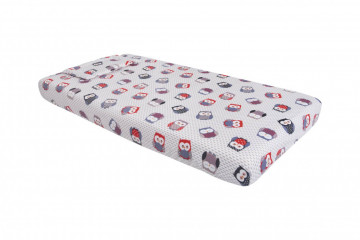 Lenjerie patut bebe, SomnART, cearceaf pat 60x120x10 cu elastic, cearceaf pilota 80x110, perna joasa 20x35, Bufnite Mici - Img 2