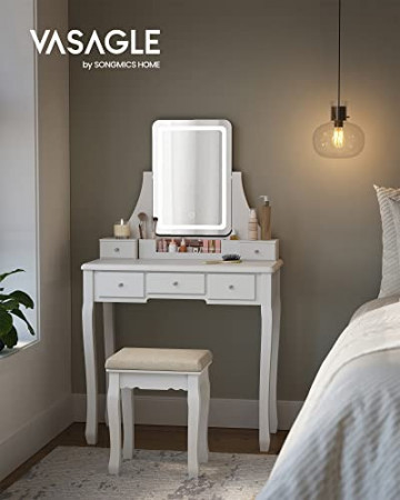 Masa de toaleta cu scaun si oglinda cu iluminare LED, MDF / textil, alb, Songmics - Img 2