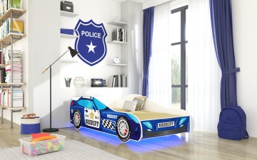 Pat and LED lighting SHERIFF – cu iluminare LED – cu saltea inclusă – cu somieră inclusă – Albastru – Suprafață dormit 140x70