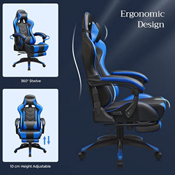 Scaun de gaming ergonomic cu recliner, metal / piele ecologica, negru / albastru, Songmics - Img 7