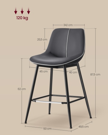 Set 2 scaune de bar, 50 x 49,5 x 87,5 cm, metal / piele ecologica, negru, Vasagle - Img 9