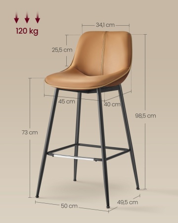 Set 2 scaune de bar, 50 x 49,5 x 98,5 cm, metal / piele ecologica, caramel / negru, Vasagle - Img 8