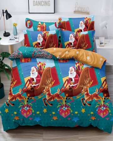Set Lenjerie Crăciun, Bumbac Tip Finet, Cu Elastic, Pat 2 Persoane, Santa's Sleigh, FNJEC-13 – imagine alternativă de prezentare
