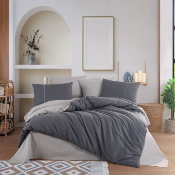 Set lenjerie de pat bumbac poplin 100% Antracit cu bej | Hobby Home | Design uni reversibil | 4 piese | 2 persoane