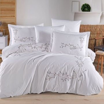 Set lenjerie de pat bumbac poplin 100% Loren | Hobby Home | Alb | Broderie florală | 6 piese | 2 persoane