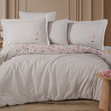 Set lenjerie de pat bumbac poplin 100% Ophelia | Hobby Home | Crem | Broderie florală | 6 piese | 2 persoane