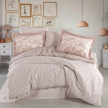 Set lenjerie de pat bumbac poplin 100% Velura | Hobby Home | Latte | Floral elegant | 4 piese | 2 persoane