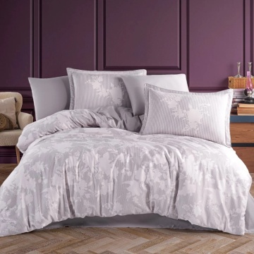 Set lenjerie de pat bumbac saten 100% Avelina | Hobby Home | roz pudră & gri | floral cu dungi | 6 piese | 2 persoane