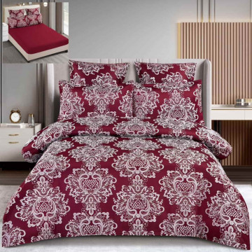 Set lenjerie de pat cu elastic, bumbac tip jacquard, 6 piese, pat 2 persoane, grena, T3-08