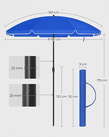 Umbrela de gradina albastra din poliester si metal, ∅ 160 cm, Vasagle - Img 3