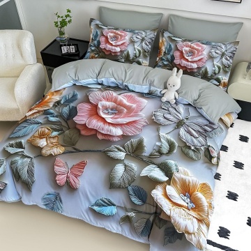 🌸 Lenjerie de Pat 6 Piese Gri Pastel | Flori & Fluturi 3D | Imprimeu Digital 5D | Finet Catifelat | Jojo Home