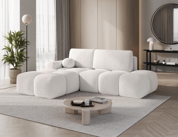 colțar extensibil ELTAP Vittario alb Royal 01 în living modern cu plantă decorativă și măsuță rotundă