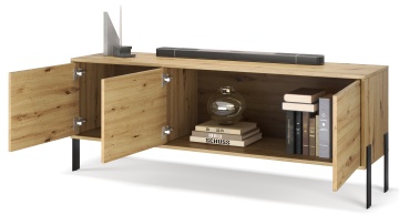 Interior comodă TV Nexo ADRK stejar artisan cu compartimente pentru depozitare și uși deschise