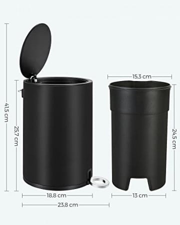 Cos de gunoi pentru baie, ∅ 18.8 cm, metal, negru, Songmics - Img 7