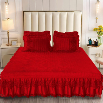 Cuvertura de pat, catifea, pat 2 persoane, rosu, 3 piese, CCC-98