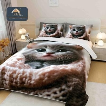 Cuvertură matlasată 5D bej cu pisică pufoasă JOJO HOME – 3 piese