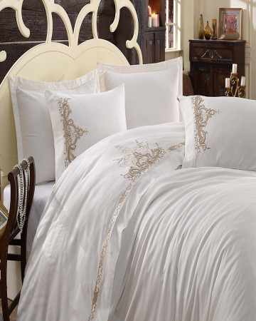 Dantela Vita, Lenjerie de pat 2 persoane, cu broderie, bumbac satinat, 6 piese, alb / bej, Olivia