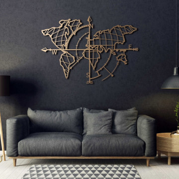 Decoratiune de perete, World Map Compass Gold, Metal, Dimensiune: 65 x 95 cm, Auriu - Img 6
