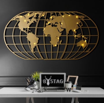 Decoratiune de perete, World Map Globe Led, Metal, Dimensiune: 60 x 120 cm, Auriu - Img 1
