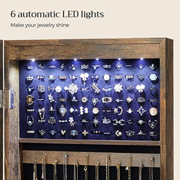 Dulap bijuterii pentru perete cu iluminare LED, MDF melaminat, maro rustic, Songmics - Img 4