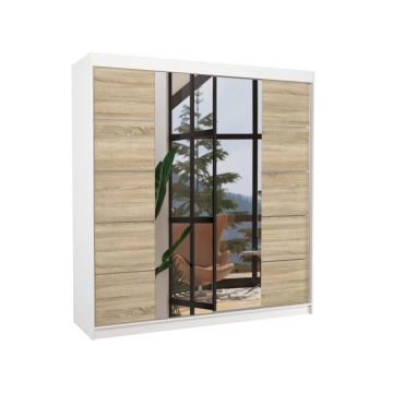 Dulap cu uși glisante DALMATIA – cu oglindă – 200x58x215 cm – Alb / Sonoma