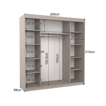 Compartimentarea interioară a dulapului Dalmatia 200 cm cu 11 rafturi, bară pentru umerașe și dimensiuni tehnice ale spațiilor de depozitare