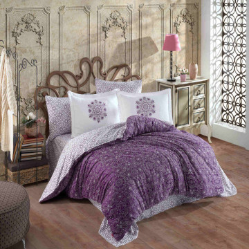 Lenjerie de pat, 100% bumbac, tesatura satin, pat 2 persoane, alb / violet, Marcella