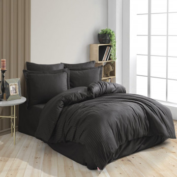 Lenjerie de pat, 100% bumbac, tesatura satin, pat 2 persoane, negru, Diamond Damasc