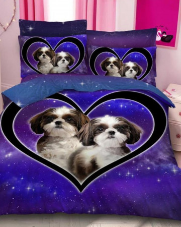 Lenjerie de pat cu 2 fete, imprimeu 3D, tesatura tip finet, pat 2 persoane, indigo, 6 piese, A2-09 - Img 2