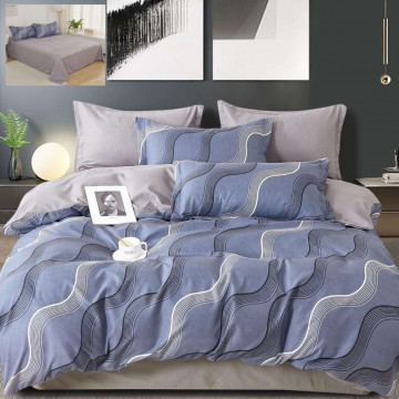 Lenjerie de pat cu 2 fete, tesatura tip finet, pat 2 persoane, 6 piese, gri / albastru, R60-546