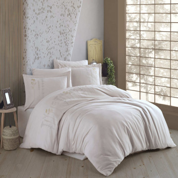 Lenjerie de pat cu broderie, 100% bumbac, tesatura poplin, pat 2 persoane, 4 piese, bej, Diva