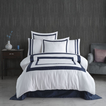 Lenjerie de pat cu broderie, bumbac 100%, pat 2 persoane, 6 piese, alb / albastru, Vitali