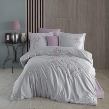 Lenjerie de pat cu broderie, bumbac 100%, pat 2 persoane, 6 piese, gri, Blesk