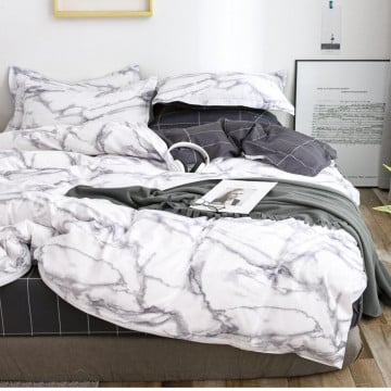 Lenjerie de pat cu elastic, policoton, pat 2 persoane, alb / gri, 4 piese, R4E-16 - Img 1