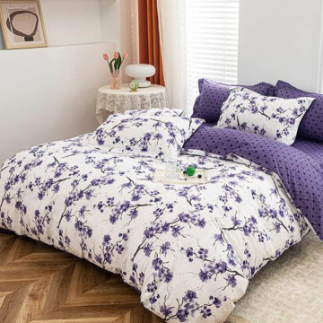 Lenjerie de pat cu elastic, policoton, pat 2 persoane, alb / violet, 4 piese, E-57 - Img 2