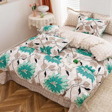 Lenjerie de pat cu elastic, policoton, pat 2 persoane, turquoise / bej, 4 piese, E-70 - Img 1
