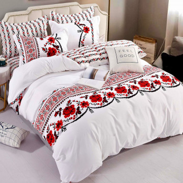 Lenjerie de pat cu elastic, tesatura tip finet, pat 2 persoane, alb / rosu, 6 piese, FNJE-77 - Img 2