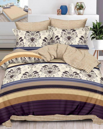 Lenjerie de pat cu elastic, tesatura tip finet, pat 2 persoane, bej, 6 piese, FNE-122