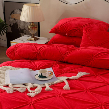 Lenjerie de pat din catifea, cu pliuri, 4 piese, pat 2 persoane, rosu, LCPJ-07 - Img 3