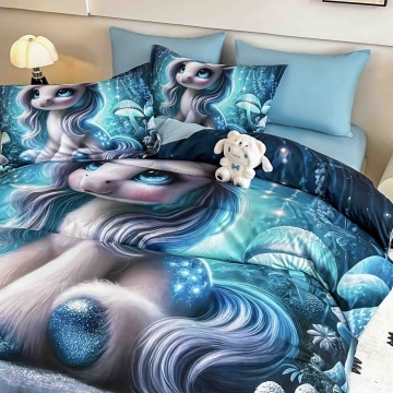 Lenjerie finet 5D albastră cu unicorn JOJO HOME, detaliu imprimeu și fețe de pernă