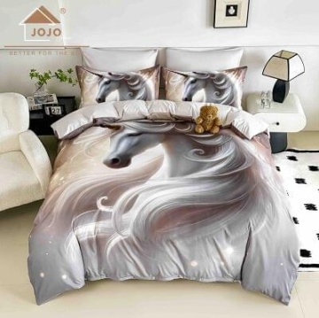 Lenjerie de pat din finet 5D Gri cu Unicorn JOJO HOME – 6 piese