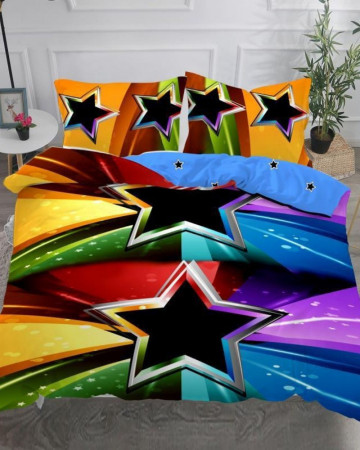 Lenjerie de pat, imprimeu 3D, policoton, pat 2 persoane, 4 piese, negru / albastru, S4-19