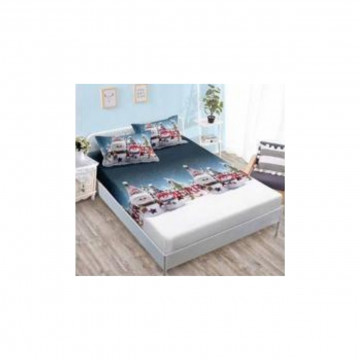 Lenjerie de pat Mos Craciun cu elastic, tesatura tip finet, pat 2 persoane, alb / albastru, 6 piese, QT-09 - Img 2