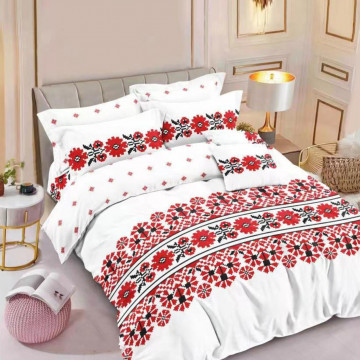 Lenjerie de pat, tesatura tip finet, pat 2 persoane, alb / rosu, 6 piese, FN-582