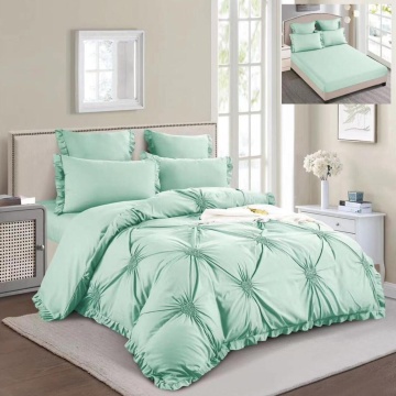 Lenjerie de pat uni cu pliuri si broderie, tesatura tip finet, 6 piese, pat 2 persoane, verde menta, T1-12