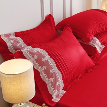 Lenjerie de pat uni cu pliuri si broderie, tesatura tip finet, 6 piese, pat 2 persoane, rosu, FNJS-44 - Img 17