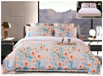 Lenjerie pat satin digital floral pictural | Multicolor pastel | 6 piese | 2 persoane | Cu elastic